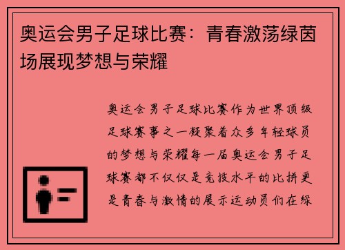 奥运会男子足球比赛：青春激荡绿茵场展现梦想与荣耀