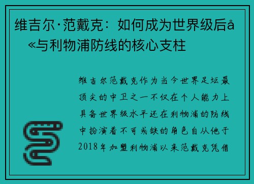 维吉尔·范戴克：如何成为世界级后卫与利物浦防线的核心支柱